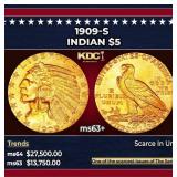 1909-s Gold Indian Half Eagle $5 ms63+ USCG