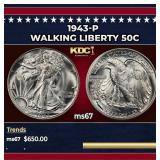 1943-p Walking Liberty Half Dollar 50c ms67 SEGS