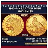 1910-p Gold Indian Half Eagle Near Top Pop! $5 ms6