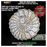 10x 1953 $2 Red Seal United States Note Heavily Ci