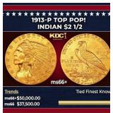 1913-p Gold Indian Quarter Eagle TOP POP! $2 1/2 m