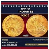 1914-d Gold Indian Half Eagle $5 ms65 USCG