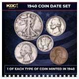 1940 5 Coin Date Set, 1 Of Each Type Of Coin Minte