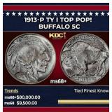 1913-p Ty I Buffalo Nickel TOP POP! 5c ms68+ SEGS