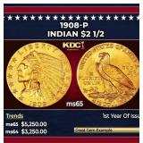 1908-p Gold Indian Quarter Eagle $2 1/2 ms65 SEGS