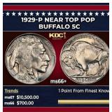 1929-p Buffalo Nickel Near Top Pop 5c ms66+ SEGS