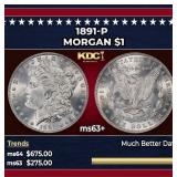 1891-p Morgan Dollar $1 Grades ms63+