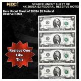 Scarce Uncut Sheet of 4x 2003A $2 Federal Reserve