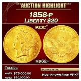 1858-p Gold Liberty Double Eagle $20 ms62+ USCG