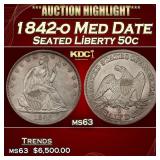 1842-o Med Date Seated Half Dollar 50c ms63 USCG