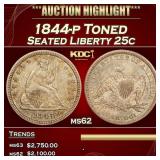 1844-p Seated Liberty Quarter Toned 25c ms62 USCG