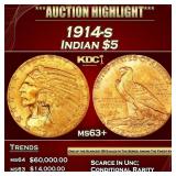 1914-s Gold Indian Half Eagle $5 ms63+ USCG