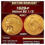 1929-p Gold Indian Quarter Eagle $2 1/2 ms65+ SEGS