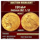 1914-p Gold Indian Quarter Eagle $2 1/2 ms64+ SEGS