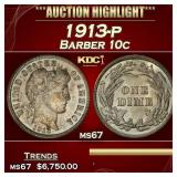 1913-p Barber Dime 10c ms67 SEGS