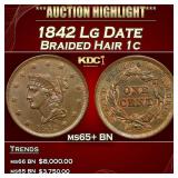 1842 Lg Date Braided Hair Large Cent 1c ms65+ BN S