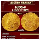 1865-p Gold Liberty Double Eagle $20 ms62+ USCG