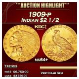 1909-p Gold Indian Quarter Eagle $2 1/2 ms64+ SEGS