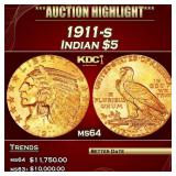 1911-s Gold Indian Half Eagle $5 ms64 USCG