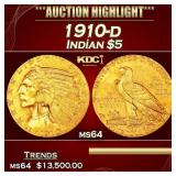 1910-d Gold Indian Half Eagle $5 ms64 USCG