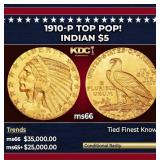 1910-p Gold Indian Half Eagle TOP POP! $5 ms66 USC