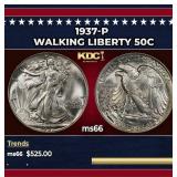 1937-p Walking Liberty Half Dollar 50c Grades ms66