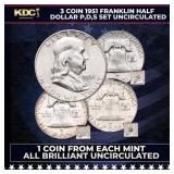 3 Coin 1951 Franklin Half Dollar P,D,S Set Uncircu