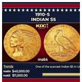 1910-s Gold Indian Half Eagle $5 ms64 USCG
