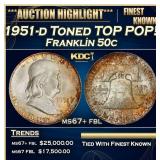 1951-d Franklin Half Dollar Toned TOP POP! 50c ms6