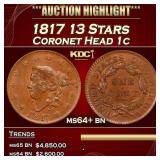 1817 13 Stars Coronet Head Large Cent 1c ms64+ bn