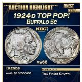 1924-d Buffalo Nickel TOP POP! 5c ms66 SEGS