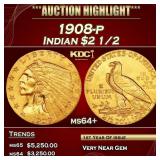 1908-p Gold Indian Quarter Eagle $2 1/2 ms64+ SEGS
