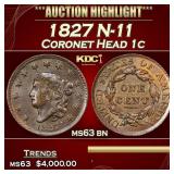 1827 Coronet Head Large Cent N-11 1c ms63 bn USCG