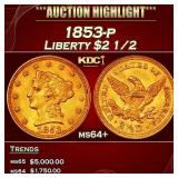 1853-p Gold Liberty Quarter Eagle $2 1/2 ms64+ SEG