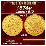 1874-p Gold Liberty Eagle $10 ms63 USCG