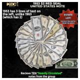 10x 1953 $2 Red Seal United States Note Heavily Ci