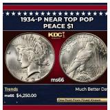 1934-p Peace Dollar Near Top Pop $1 ms66 SEGS