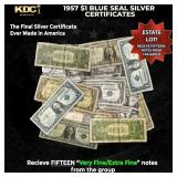 15x 1957 $1 Blue Seal Silver Certificates Grades V