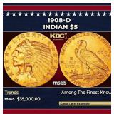1908-d Gold Indian Half Eagle $5 ms65 USCG