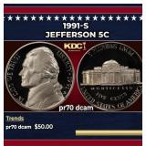 1991-s Proof Jefferson Nickel 5c pr70 dcam SEGS