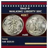 1940-p Walking Liberty Half Dollar 50c Grades ms66
