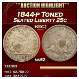 1844-p Seated Liberty Quarter Toned 25c ms62 USCG
