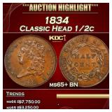 1834 Classic Head half cent 1/2c ms65+ BN SEGS