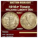1916-p Walking Liberty Half Dollar Toned 50c ms65+