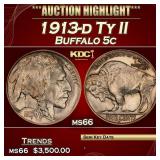 1913-d Ty II Buffalo Nickel 5c ms66 SEGS