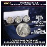 3 Coin 1922 P, D, S Peace Dollar Set, 1 Coin From