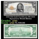 1928 $50 Gold Certificate FR-2404 Signatures Woods