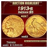 1913-s Gold Indian Half Eagle $5 ms63 USCG