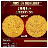 1861-p Gold Liberty Half Eagle $5 ms62 USCG