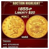 1855-p Gold Liberty Double Eagle $20 ms62 SEGS
